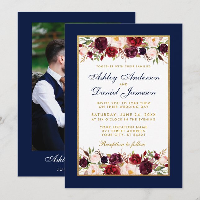Wedding Elegant Burgundy Floral Gold Blue Photo Invitation (Front/Back)