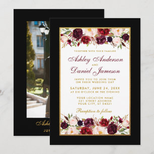 Wedding Elegant Burgundy Floral Photo Black Gold Invitation