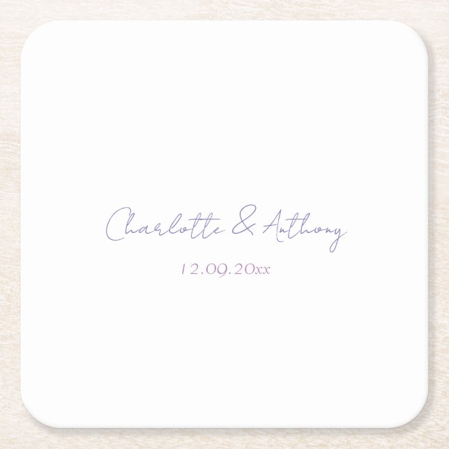 Wedding Elegant Calligraphy Creative Names & Date Square Paper Coaster (Front)