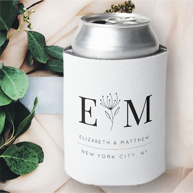 Wedding Elegant Chic Modern Monogram Foliage Can Cooler (Creator Uploaded)