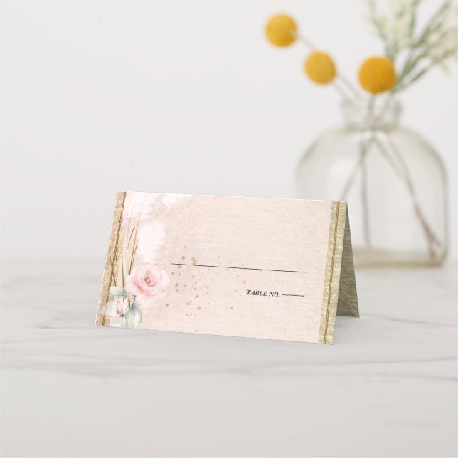 Wedding | Elegant Dusty Pink Floral Pampas Grass Place Card (Front)