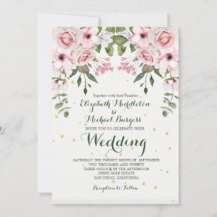 Wedding Elegant Floral Foliage Pink Green Invitation