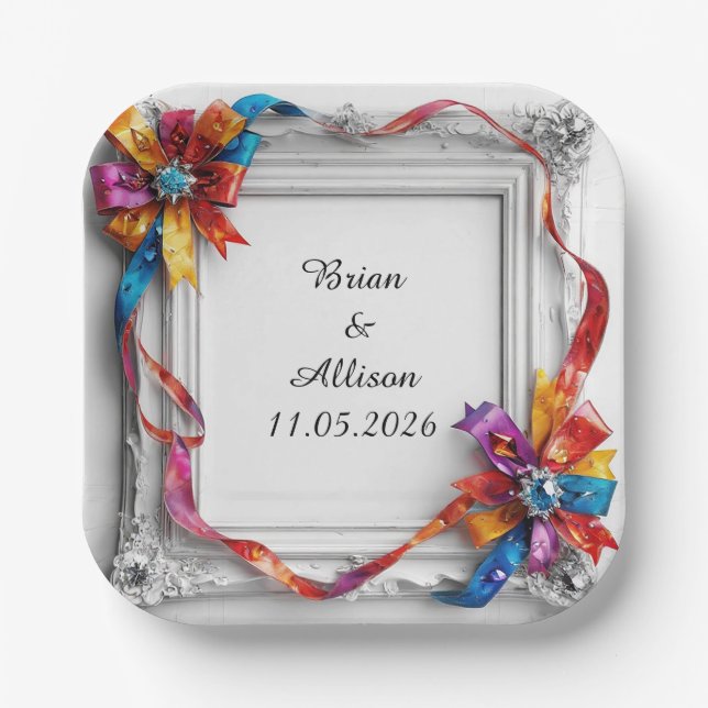 Wedding Elegant Floral Frame Design Paper Plate (Front)