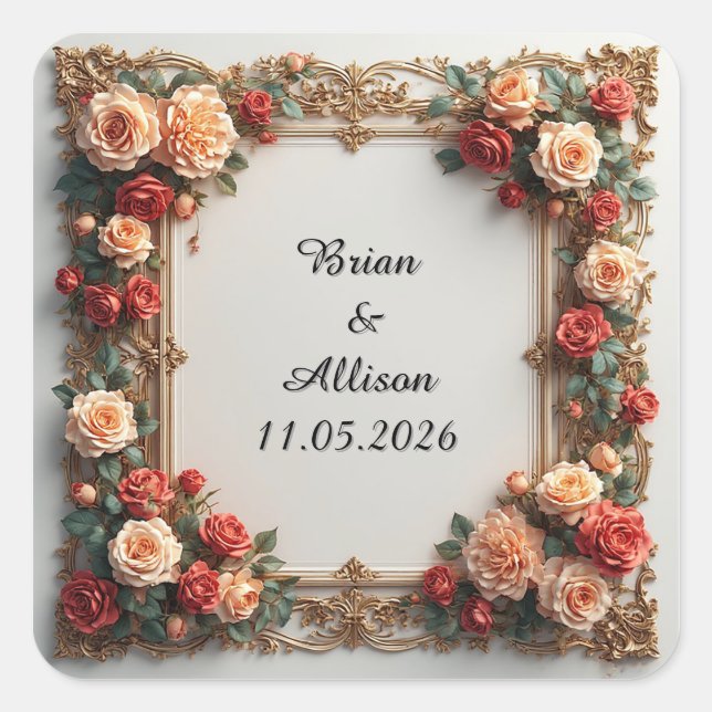 Wedding Elegant Floral Frame Design Square Sticker (Front)