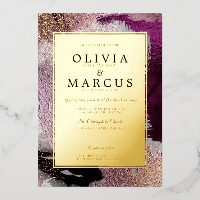 WEDDING  | Elegant Gold Cassis Plum Brush Strokes (Front)