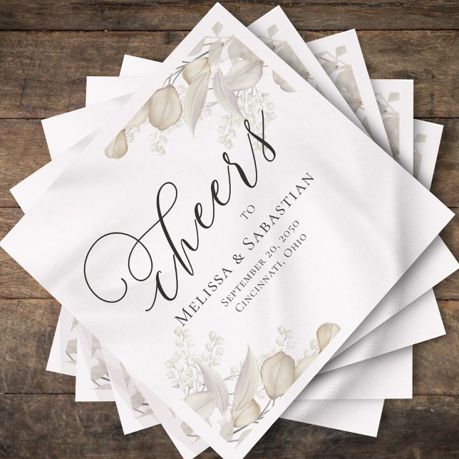 Wedding Elegant Greenery Cheers Simple Napkin (Elegant wedding custom cocktail napkin with sage green greenery)