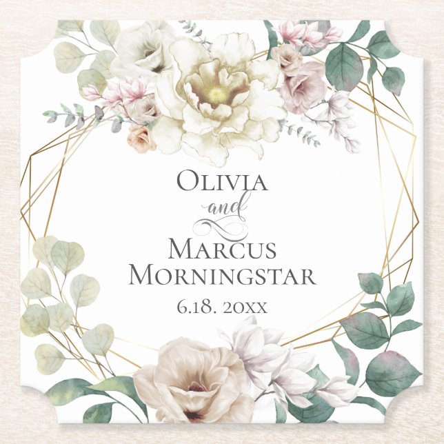 Wedding Elegant Ivory Blush Magnolias Paper Coaster (Front)