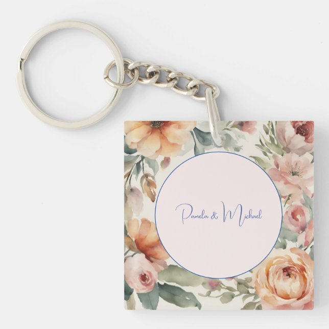 Wedding Elegant Minimalist Classical Floral Key Ring (Front)