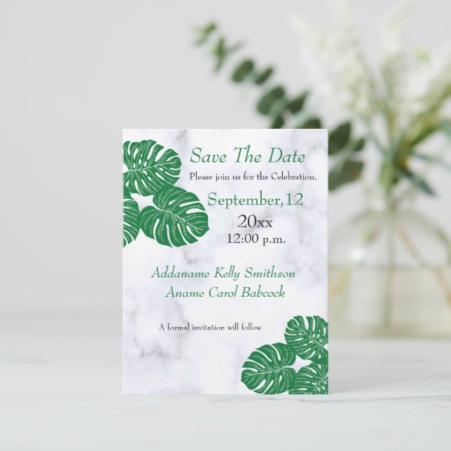 Wedding Elegant Modern Marble Tropical Leaves  , Save The Date (Standing Front)