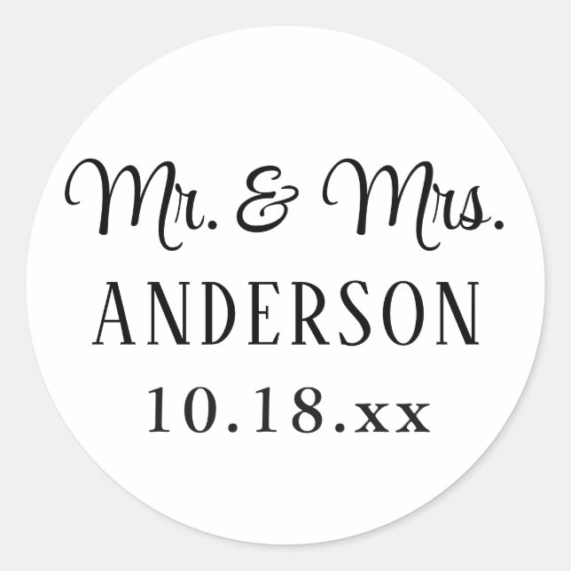 Wedding Elegant Modern Typography Mr and Mrs Classic Round Sticker (Front)