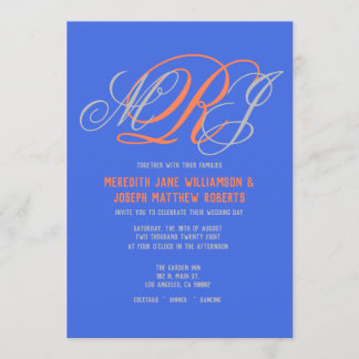 Wedding Elegant Monogram Royal Blue Grey Coral Invitation