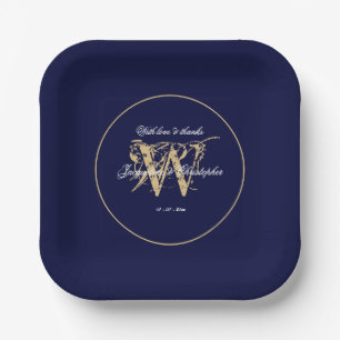 Wedding Elegant Navy Blue And Gold Monogram Chic  Paper Plate