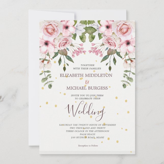  Wedding Elegant Pink Floral Foliage  Invitation (Front)