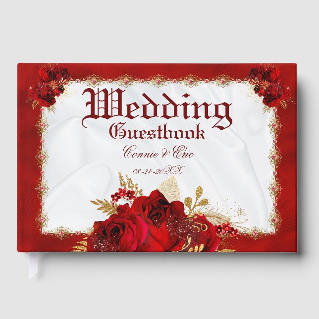 Wedding Elegant Red Gold White Floral Guest Book (Front)