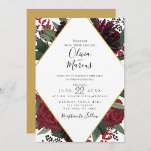 WEDDING Elegant Rich Burgundy Marsala Floral Gol Invitation