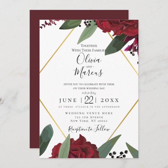 WEDDING | Elegant Rich Burgundy Marsala Floral Red Invitation (Front/Back)