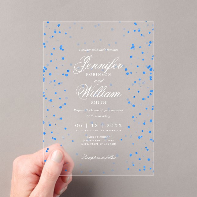 Wedding Elegant Romantic Script Blue Specks  Acrylic Invitations (Insitu (Handheld))