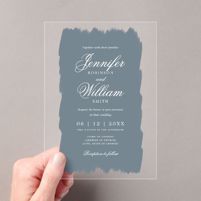 Wedding Elegant Romantic Script Dusty Blue Paint Acrylic Invitations (Insitu (Handheld))