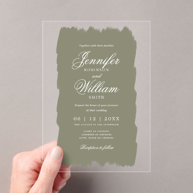Wedding Elegant Romantic Script Sage Green Paint Acrylic Invitations (Insitu (Handheld))
