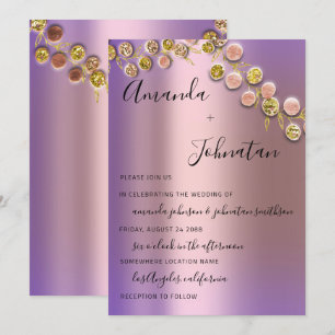 Wedding Elegant Rose Golden Wreath Bridal Purple Invitation