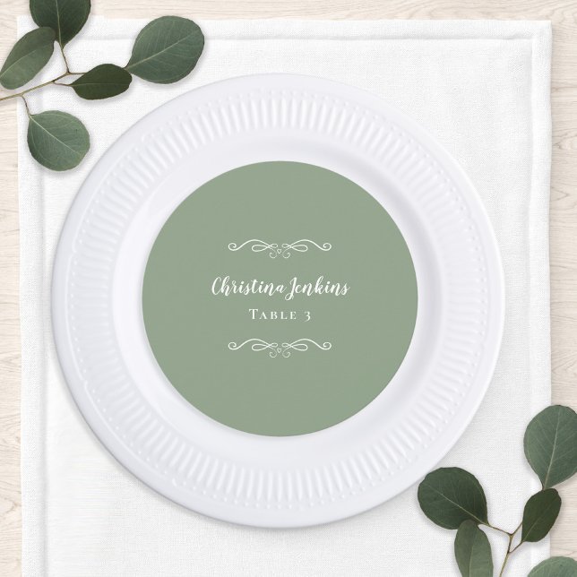 Wedding Elegant Sage Green Round Chic Place Card (Wedding Elegant Sage Green Round Custom Guest Dinner Table Place Card)