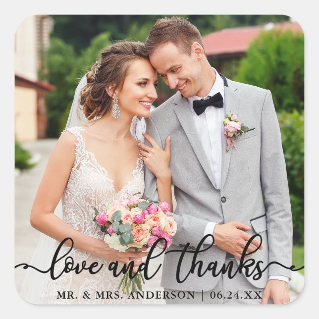 Wedding Elegant Script Love and Thanks Photo Square Sticker (Front)