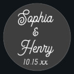Wedding Elegant Script Modern Typography Black Classic Round Sticker<br><div class="desc">These elegant script modern typography black and white stickers are perfect to use for any of your wedding events!  Personalise with the bride and groom names and wedding date.  The background colour can be changed to fit your preference.</div>