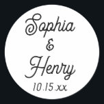 Wedding Elegant Script Modern Typography Black Classic Round Sticker<br><div class="desc">These elegant script modern typography black and white stickers are perfect to use for any of your wedding events!  Personalise with the bride and groom names and wedding date.  The background colour can be changed to fit your preference.</div>