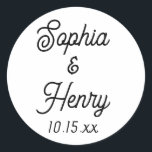 Wedding Elegant Script Modern Typography Black Classic Round Sticker<br><div class="desc">These elegant script modern typography black and white stickers are perfect to use for any of your wedding events!  Personalise with the bride and groom names and wedding date.  The background colour can be changed to fit your preference.</div>