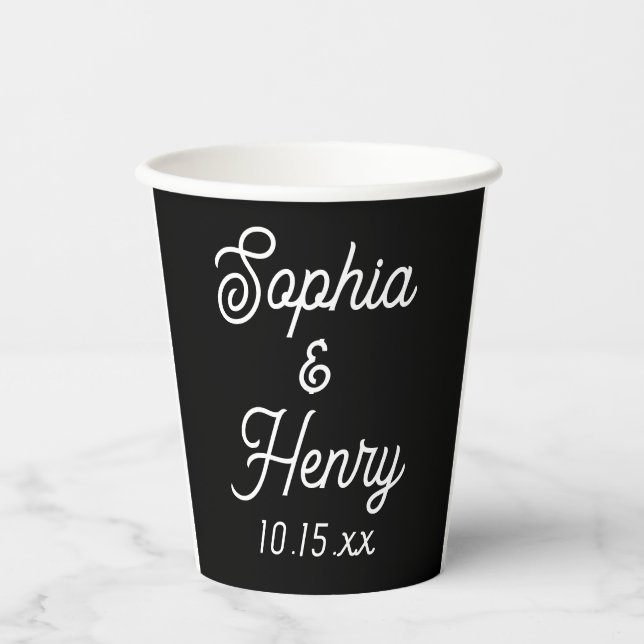 Wedding Elegant Script Typography Black White Paper Cups (Front)