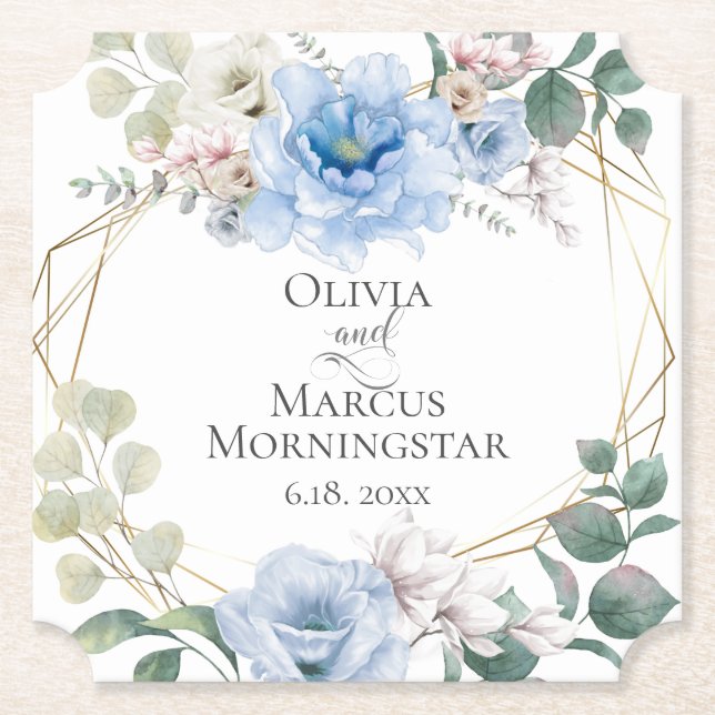 Wedding Elegant Sky Blue Peony Flowers Paper Coaster (Front)