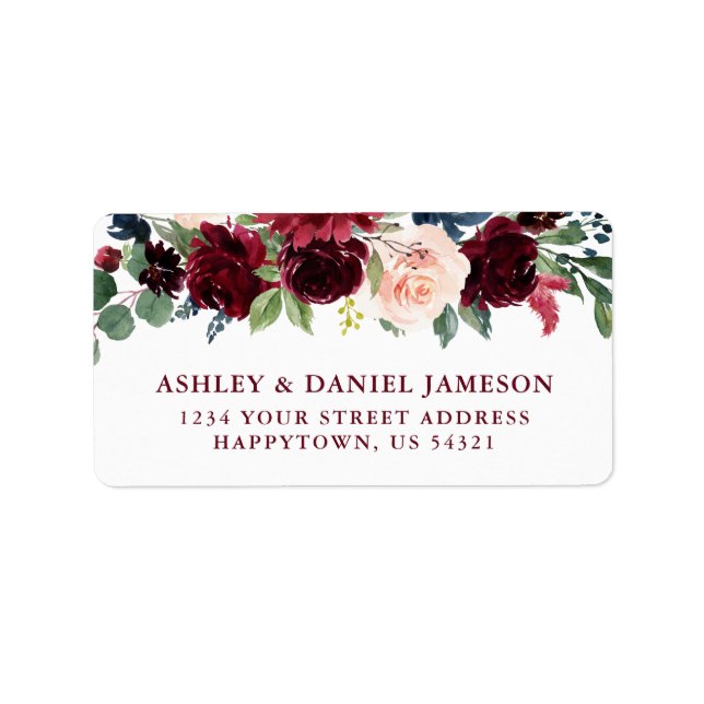 Wedding Elegant Watercolor Burgundy Blue Floral Label (Front)