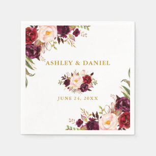Wedding Elegant Watercolor Burgundy Floral Gold Napkin