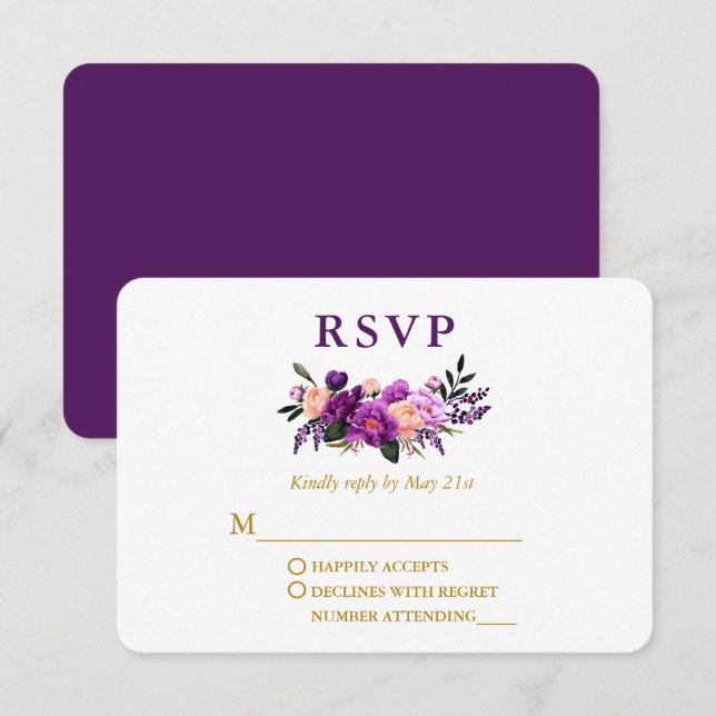 Wedding Elegant Watercolor Purple Floral Gold RSVP Card (Front/Back)