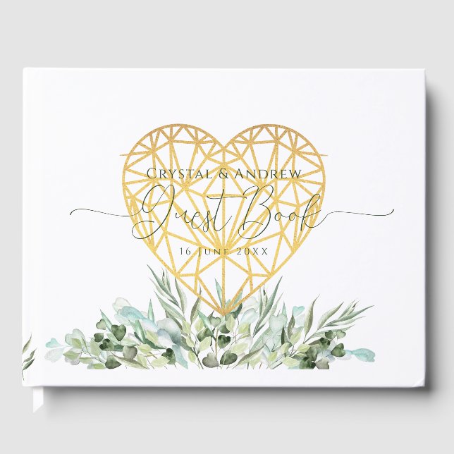 Wedding Elegant White Gold Heart Eucalyptus Leaves Guest Book (Front)