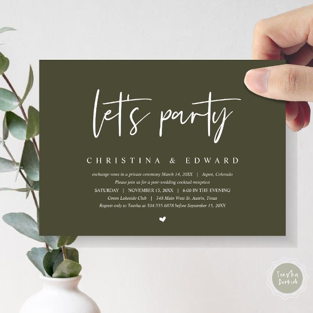 Wedding Elopement Dinner and Dancing, Let's party Invitation (Let's Party, Post Wedding Elopement Dinner and Party Celebration Invitation Card, in Olive Green)