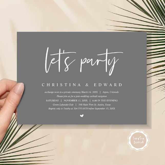 Wedding Elopement Dinner and Dancing, Let's party Invitation (Let's Party, Post Wedding Elopement Dinner and Party Celebration Invitation Card, in Dark Grey)