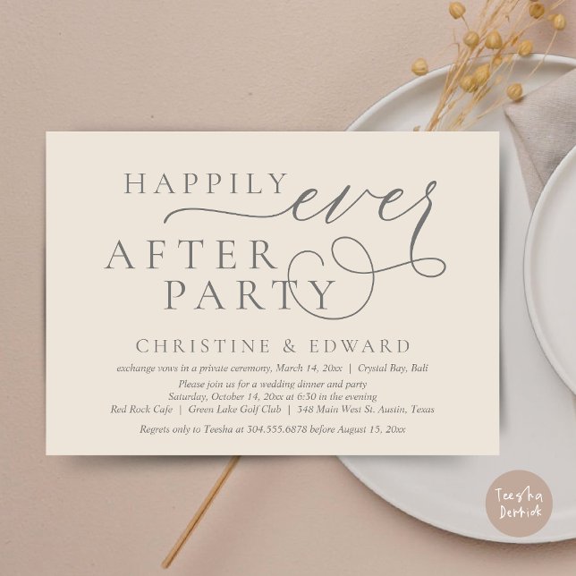 Wedding Elopement Dinner, Happily Ever After Party Invitation (Wedding Elopement Dinner, Happily Ever After Party Invitation Card, PDF, in Cream Dark Grey)