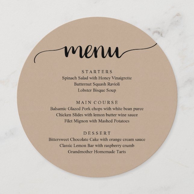 Wedding Elopement Dinner, Modern Brown Kraft Menu (Front)