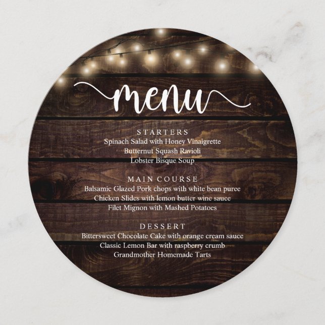 Wedding Elopement Dinner, String Lights Brown Wood Menu (Front)