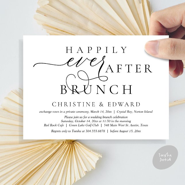 Wedding Elopement, Happily Ever After Brunch Invitation (Modern Classy Wedding Elopement, Happily Ever After Brunch Invitation Card, PDF, in White and Black)