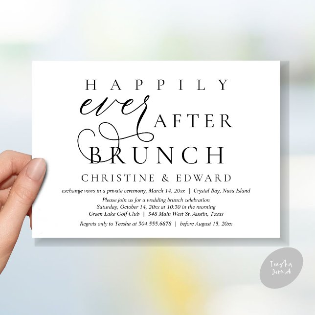 Wedding Elopement, Happily Ever After Brunch Invitation (Modern Classy Wedding Elopement, Happily Ever After Brunch Invitation Card, PDF, in White and Black)