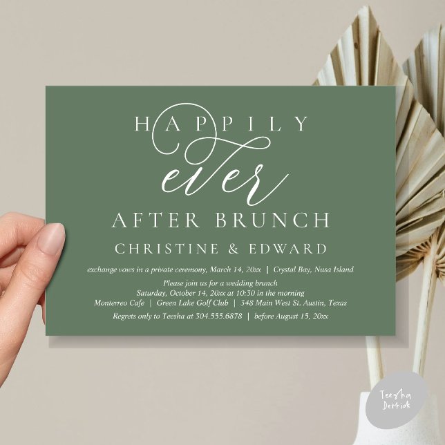 Wedding Elopement, Happily Ever After Brunch Invitation (Modern Classy Wedding Elopement, Happily Ever After Brunch Invitation Card, PDF, in Sage Green)