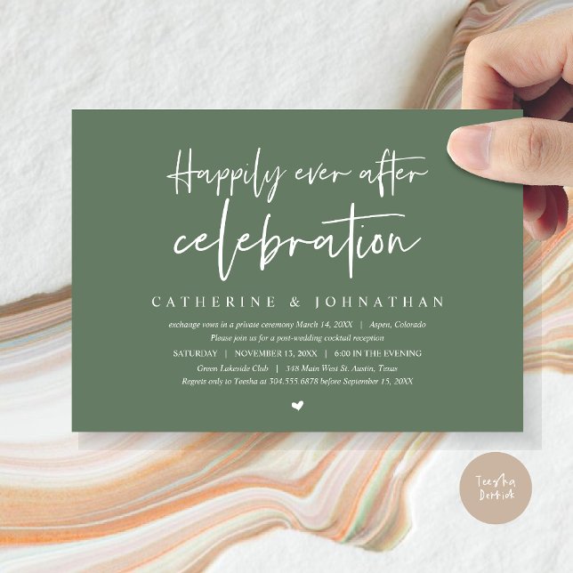 Wedding Elopement, Happily Ever after celebration Invitation (Wedding Elopement Dinner, Happily Ever after celebration Invitation Card, PDF, in Forest Sage Green)