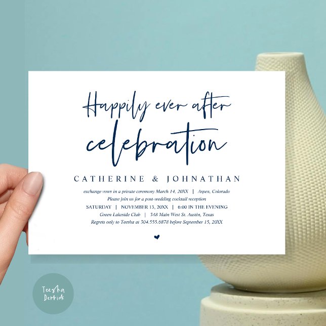 Wedding Elopement, Happily Ever after Celebration Invitation (Happily Ever After Celebration Dinner or Lunch or brunch Invitation Card, PDF, in Navy Blue)