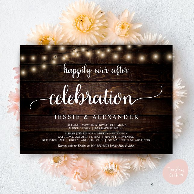Wedding Elopement, Happily Ever After Celebration Invitation (Wedding Elopement, Happily Ever After Celebration Invitation Card, PDF, String Lights, Dark Wood)