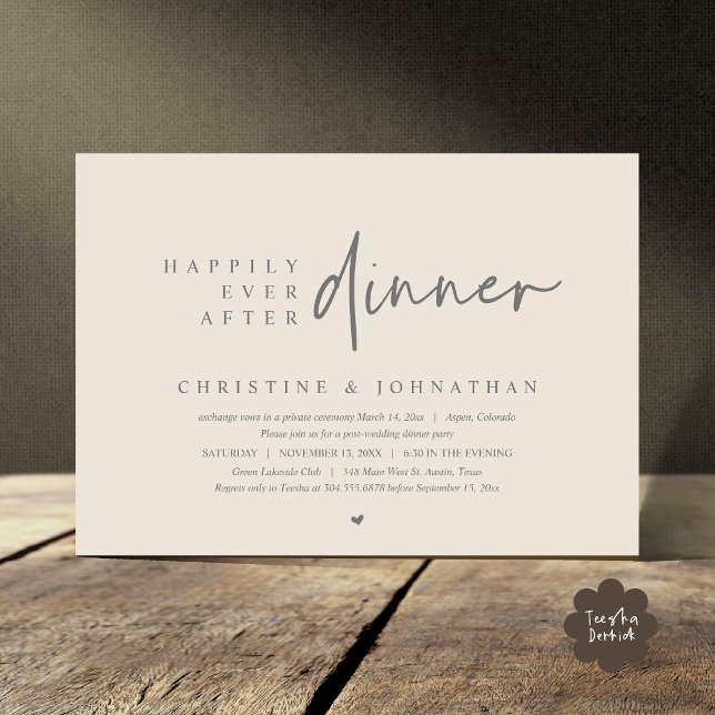 Wedding Elopement, Happily Ever After Dinner Party Invitation (Happily Ever After Dinner Modern Casual Wedding Elopement Party Invitation Card PDF Cream Grey)