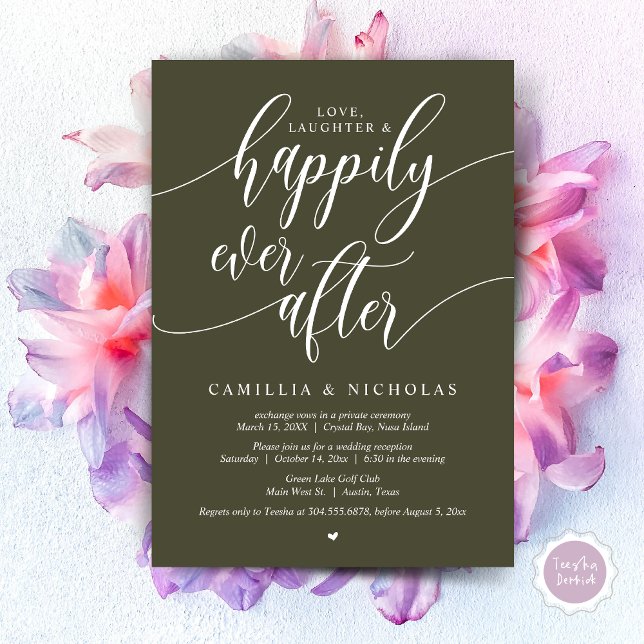 Wedding Elopement, Happily Ever After Party Invita Invitation (Wedding Elopement, To Love Laughter and Happily Ever After Party Invitation Card, PDF, Olive Green)