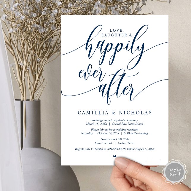 Wedding Elopement, Happily Ever After Party Invita Invitation (Wedding Elopement, Happily Ever After Party Invitation Card, PDF, Navy Blue)