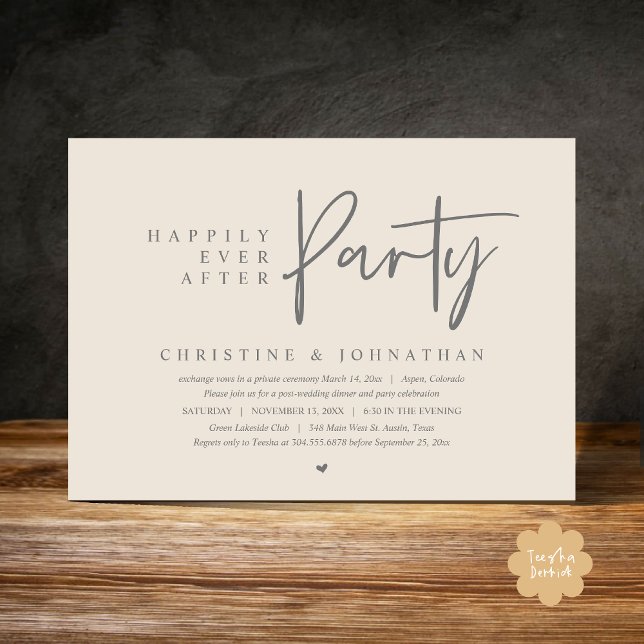 Wedding Elopement, Happily Ever After Party Invitation (Happily Ever After Party Modern Casual Wedding Elopement Dinner Dance Invitation Card PDF Cream Grey)